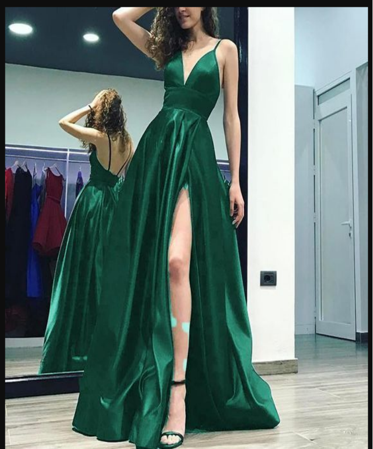 Sexy Side Slit Backless Spaghetti Straps A-line Long Evening Prom Dresses