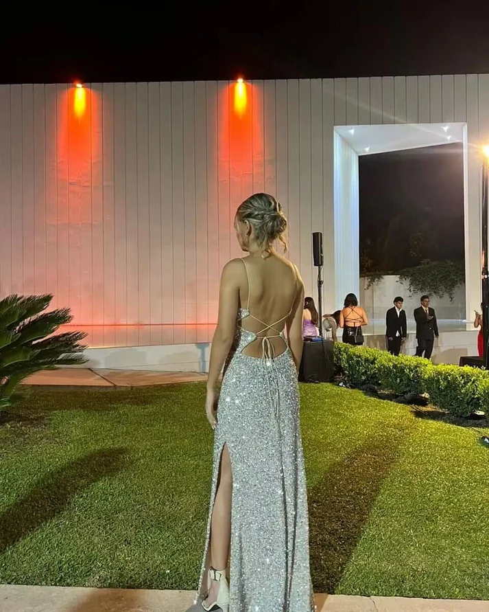 Sparkly Silver Sequin Sheath Backless Long Prom Dress With Slit
