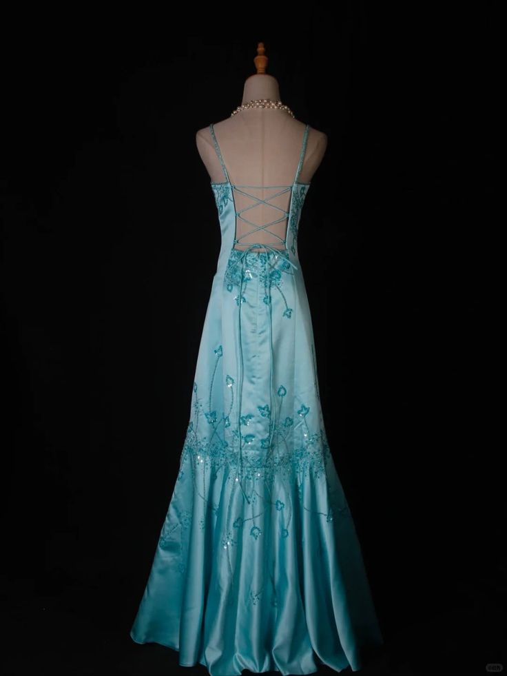 Stylish Spaghetti Straps Ombre Blue Satin Sequin Beaded Mermaid Long Evening Dress Party Gown