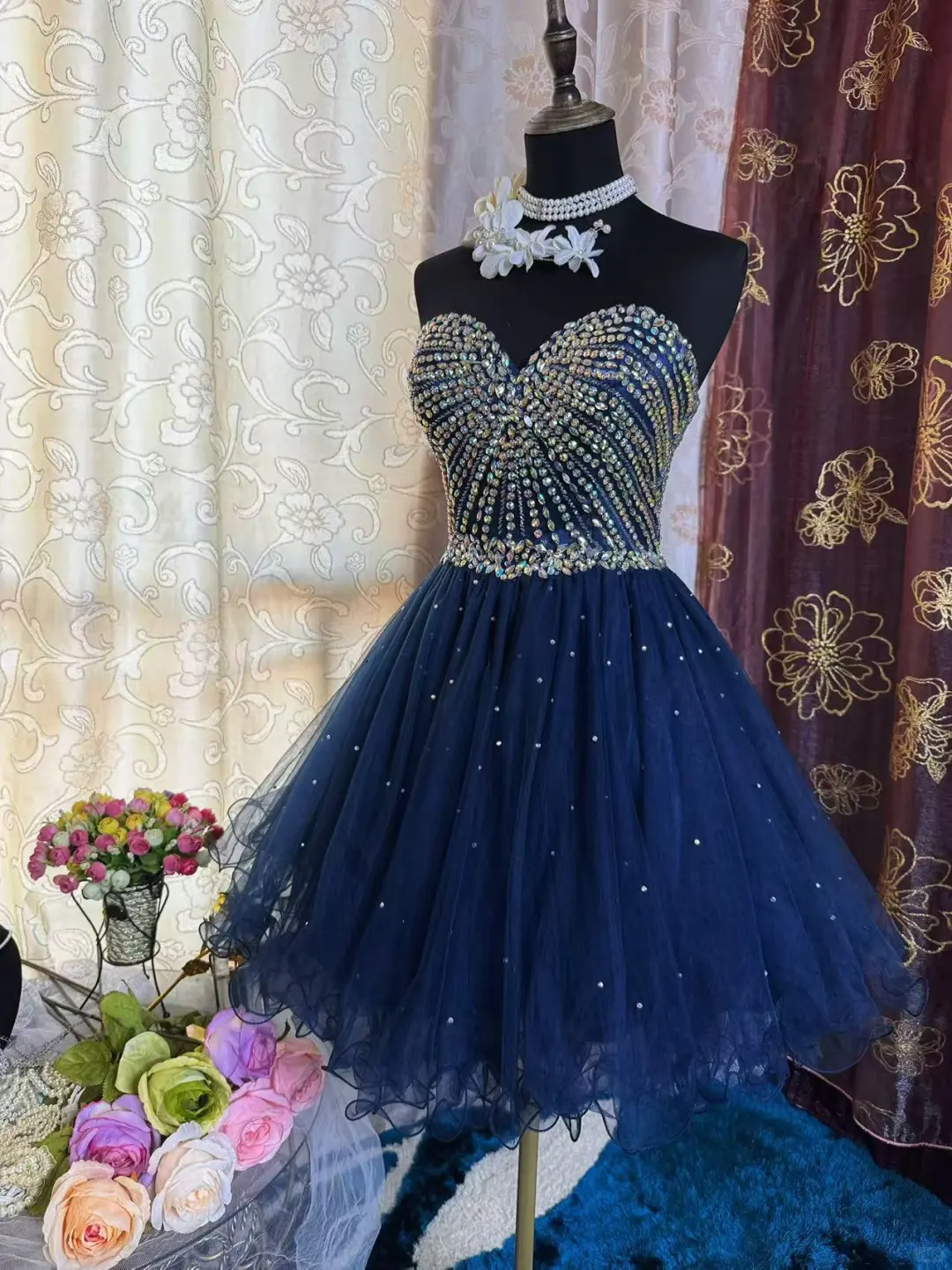 Sparkly Sweetheart Neck Blue Tulle Beaded A Line Short Prom Dress Formal Homecoming Dress