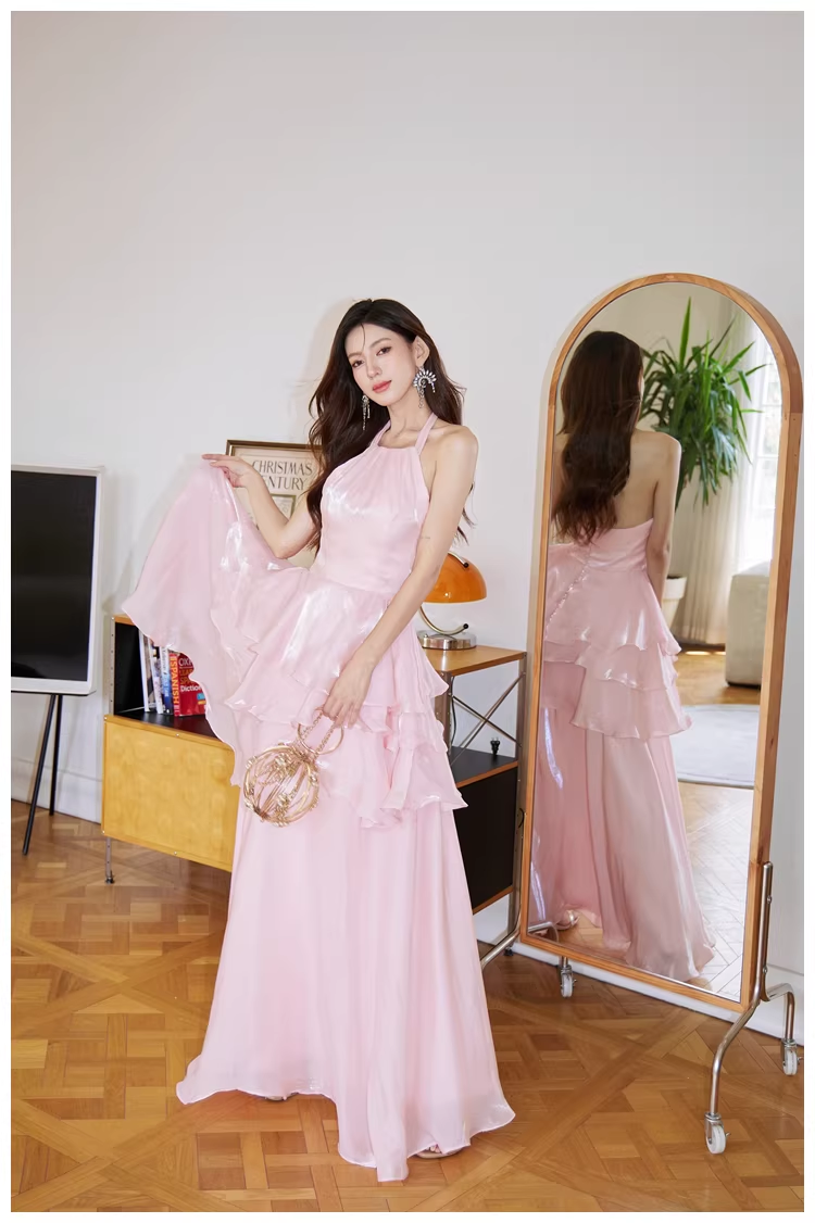 Classy Halter Pink Satin Ruffles Long Birthday Party Dress Evening Dress