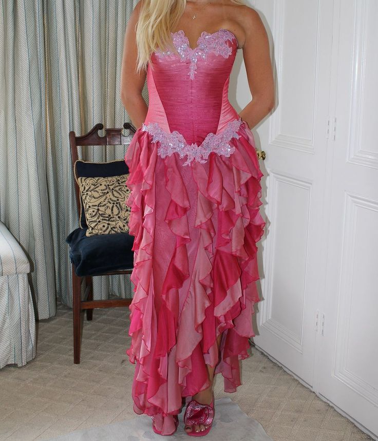 Unique Pink Strapless Appliques Prom Dress,Chiffon Side Slit Ruffles Party Evening Dress