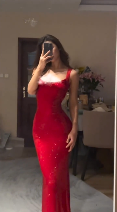 Shiny Red Spaghetti Straps Satin Sequin Mermaid Evening Dress Long Wedding Guest Dress