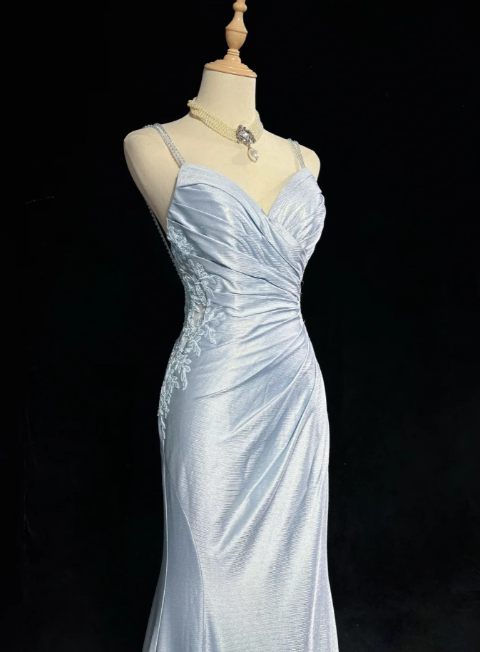 Elegant Spaghetti Straps Blue Satin Appliques Sequin Mermaid Long Wedding Guest Dress Evening Dress