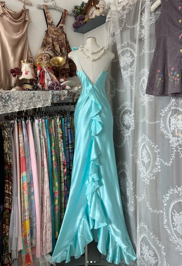 Vintage Spaghetti Strap Blue Satin Mermaid Evening Dress Prom Dress