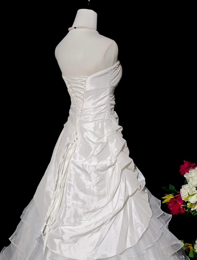 Pretty Strapless White Satin Tulle Beaded Ruffle Layered Mermaid Evening Dress Long Birthday Prom Dress