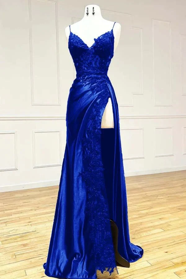 Elegant Burgundy Satin Appliques Evening Dress Slit Prom Party Dress