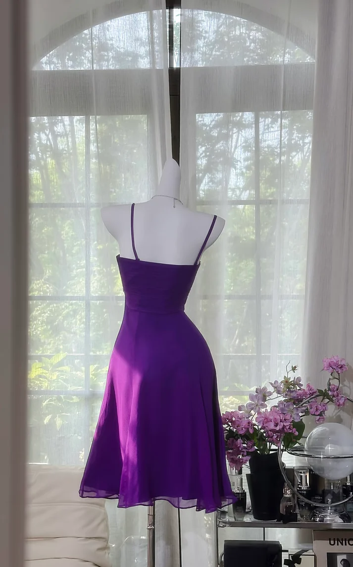 Classy Spaghetti Straps Purple Chiffon A Line Homecoming Dress Short Prom Dress