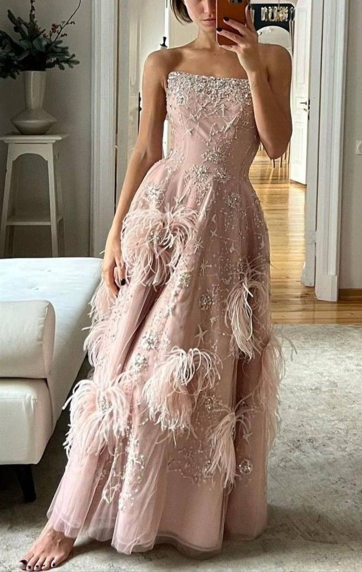 Gorgeous Strapless Pink Tulle Beaded Feathers A Line Long Party Dress Birthday Prom Dresses