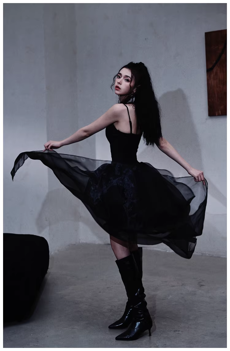 Gorgeous Black Organza Satin Beaded Long Party Dress Birthday Evening Dress