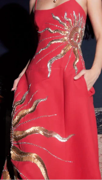 Gorgeous Spaghetti Straps Red Satin With Gold Sequin Long Party Dress Evening Dress