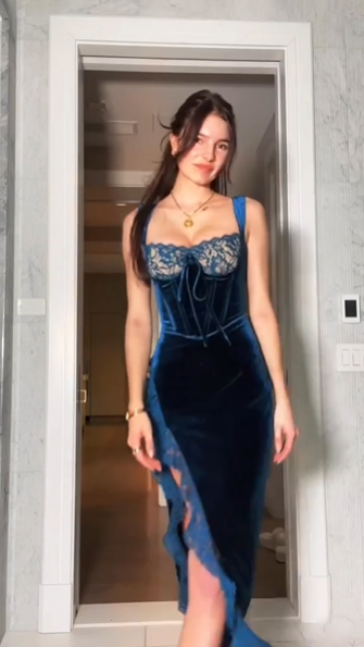 Classy Blue Velvet Lace Ruffles High Slit Long Party Dress Formal Wedding Guest Dress