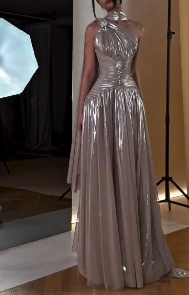 Stylish One Shoulder Satin Pleated A Line Long Prom Dress Formal Evening Dress With Scarf