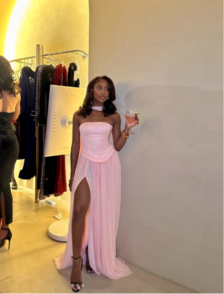 Classy Satin Chiffon Pink Strapless Slit Mermaid Prom Dress Formal Wedding Guest Dress With Ribbon