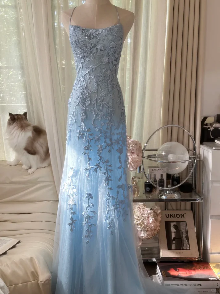 Classy Sky Blue Tulle Appliques Mermaid Long Wedding Guest Dress Evening Dresses