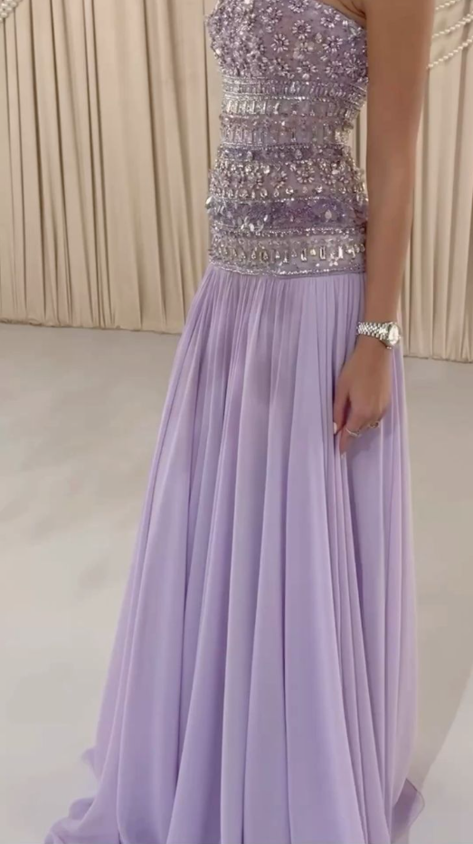 Classy Strapless Lilac Chiffon Beaded Mermaid Long Party Dress Formal Wedding Guest Dress