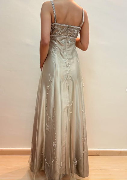 Vintage Spaghetti Straps Beaded Satin Evening Dress,A Line Formal Party Prom Dress