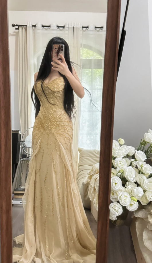Pretty Spaghetti Straps Chiffon Beaded Ruffles Long Party Dress Yellow Mermaid Evening Dress