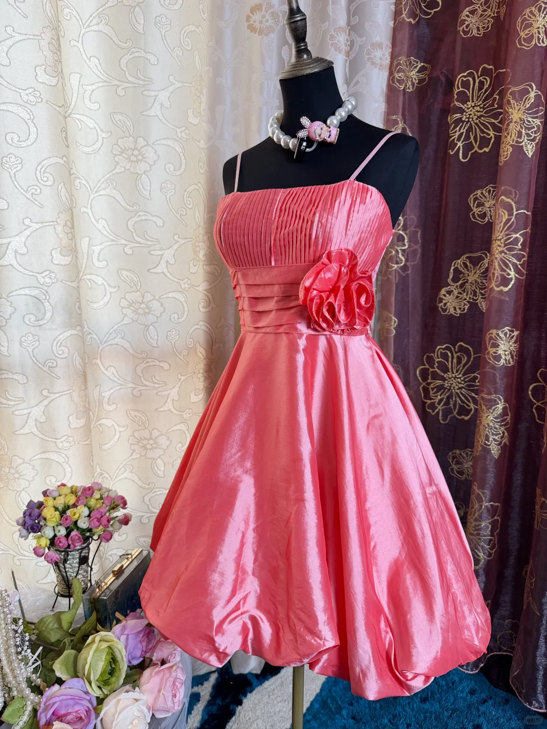Pretty Spaghetti Straps Pink Satin A Line Homecoming Dress Short 21st Birthday Outfits With Flower