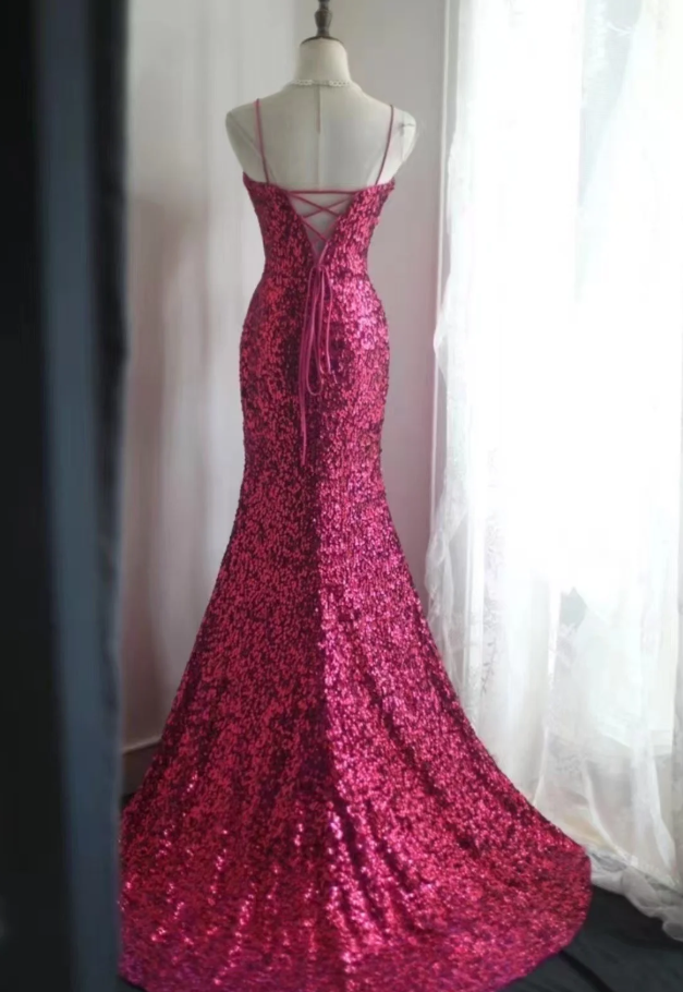 Sparkly Spaghetti Straps Hot Pink Sequin Mermaid Slit Evening Dress Long Wedding Guest Dress