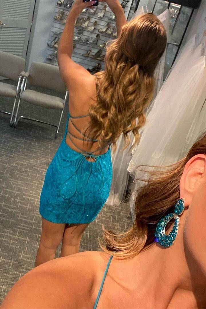 Blue Lace Tight Homecoming Dress