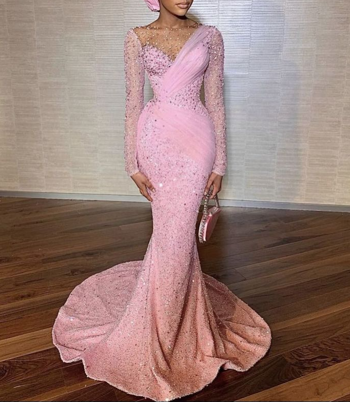 Gorgeous Pink Sequin Beaded Mermaid Evening Dress Long Birthday Prom Dress