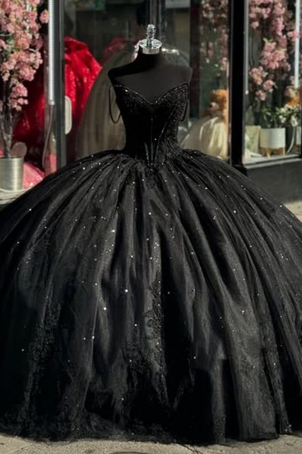 Sparkly Quinceanera Dress Sweetheart Neck Tulle Sequins Appliques Birthday Ball Gown With Bow