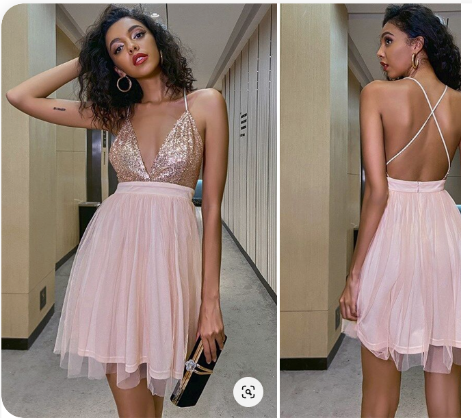 A-line Champagne Short Sequins and Tulle Party Dress