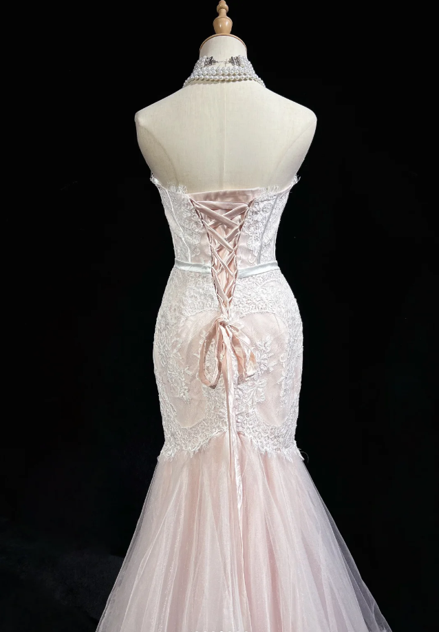 Pretty Strapless Light Pink Tulle Lace Appliques Mermaid Long Evening Dress Formal Wedding Guest Dress