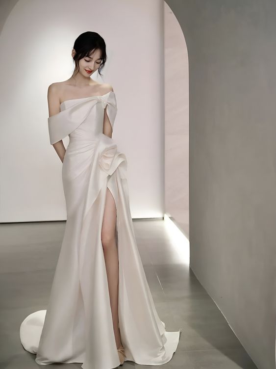Off-The-Shoulder Satin High Split Twist Front Train Dresses For Wedding