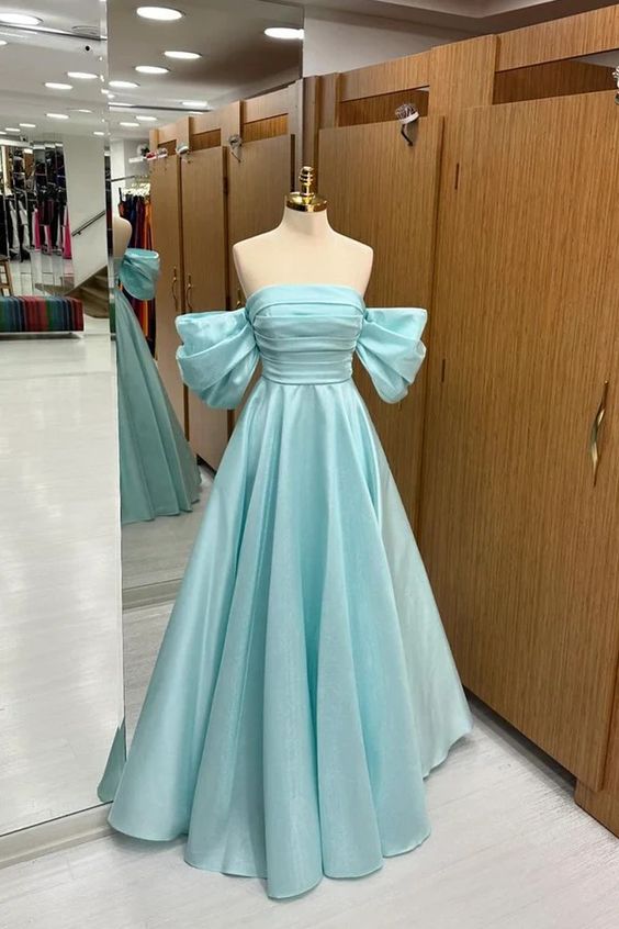 A Line Off Shoulder Satin Blue Long Prom Dresses, Off The Shoulder Blue Satin Long Formal Evening Dresses