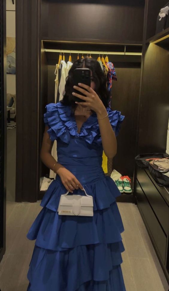 Elegant Blue Evening Dress, Tiered Prom Outfit