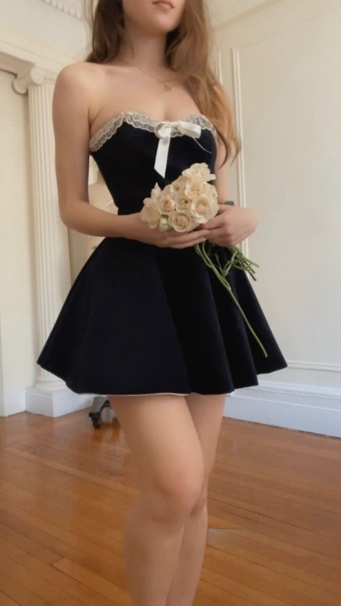 A Line Black Strapless Short Evening Dress Cocktail Dresses Short Party Dress