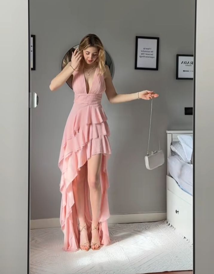 Pink Sexy V Neck Prom Dresses Formal Evening Dress