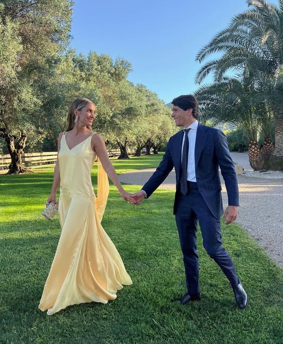 Yellow Satin Evening Dress for Formal Occasions, V-neck A-line Spaghetti Strap Floor Length Elegant Prom Dress
