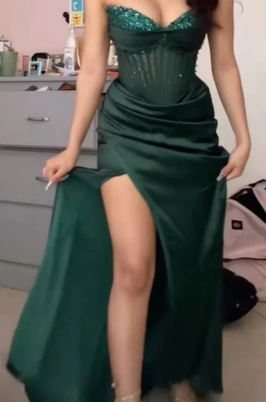 Vintage Green Strapless Sequins Satin Slit Evening Dress,Mermaid Party Prom Dress