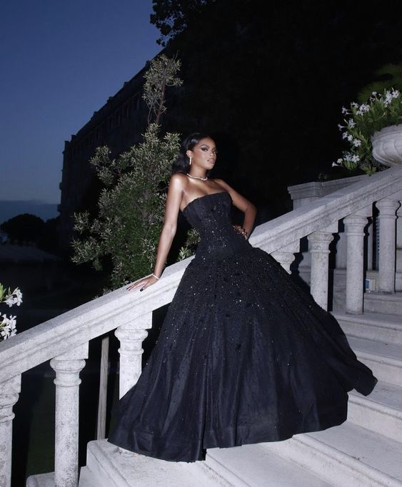 A Line Black Long Prom Dresses, Strapless Evening Party Dress