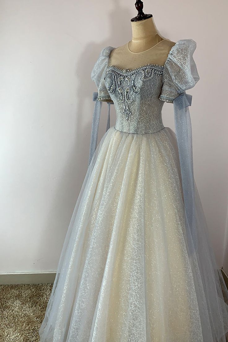 Tulle Beaded Shiny Tulle Prom Dresses, A-Line Long Party Dresses