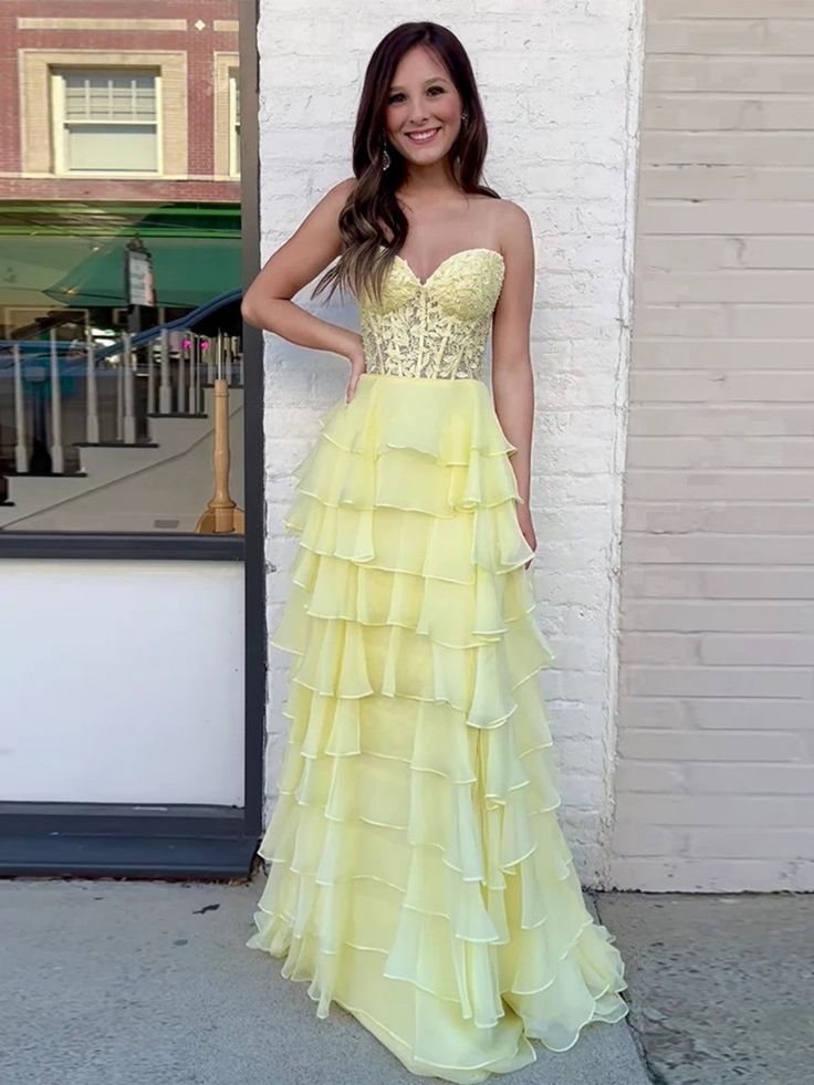 Strapless Layered Yellow Lace Top Long Prom Dresses, Long Yellow Formal Dresses, Yellow Chiffon Evening Dresses