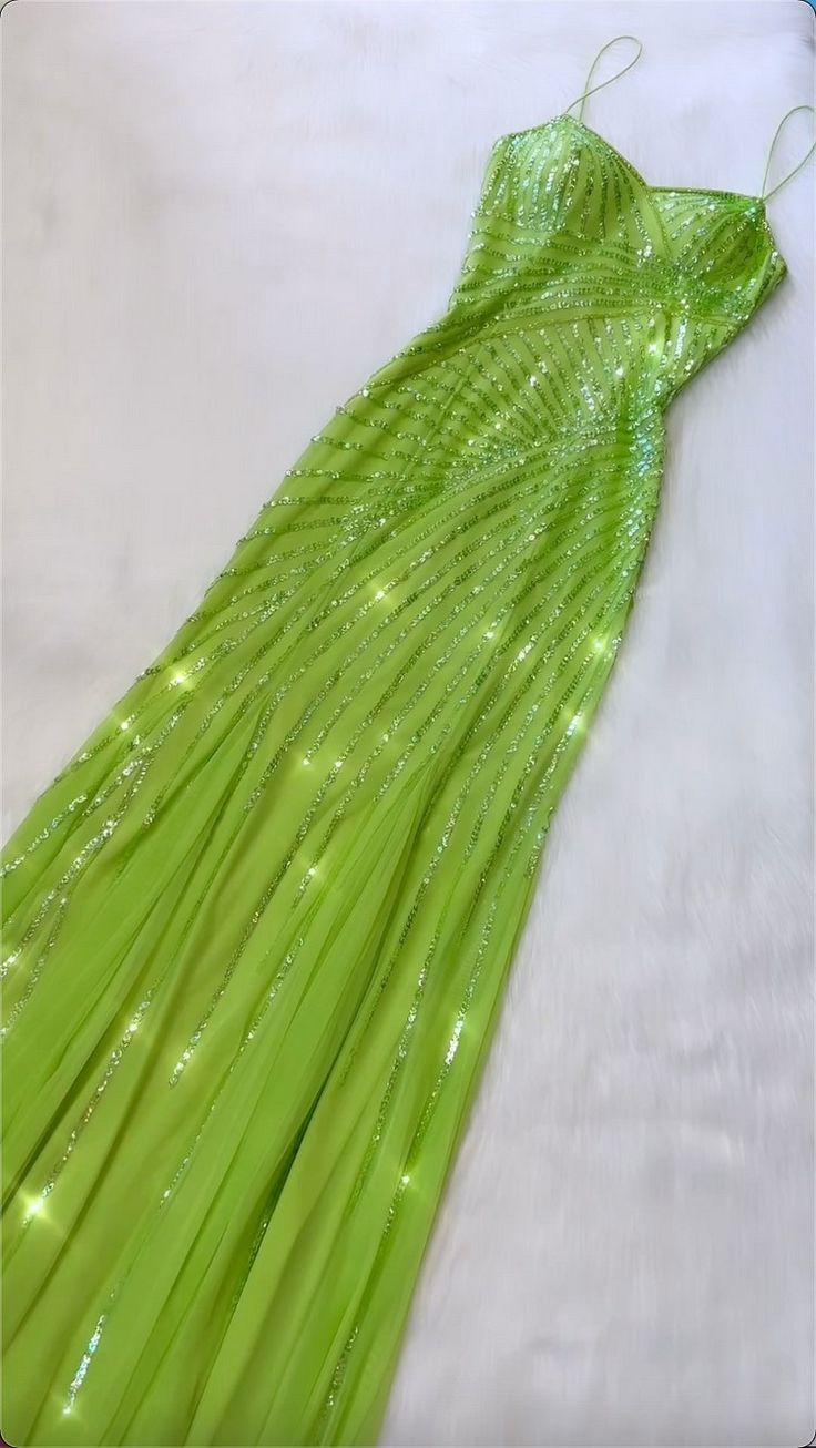 Green Spaghetti Straps Long Formal Dress Sequin Evening Dresses