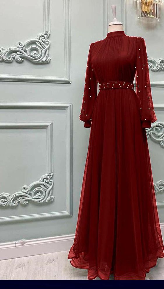 Dress with pearl long sleeve tulle Muslim dress, elegant evening dress
