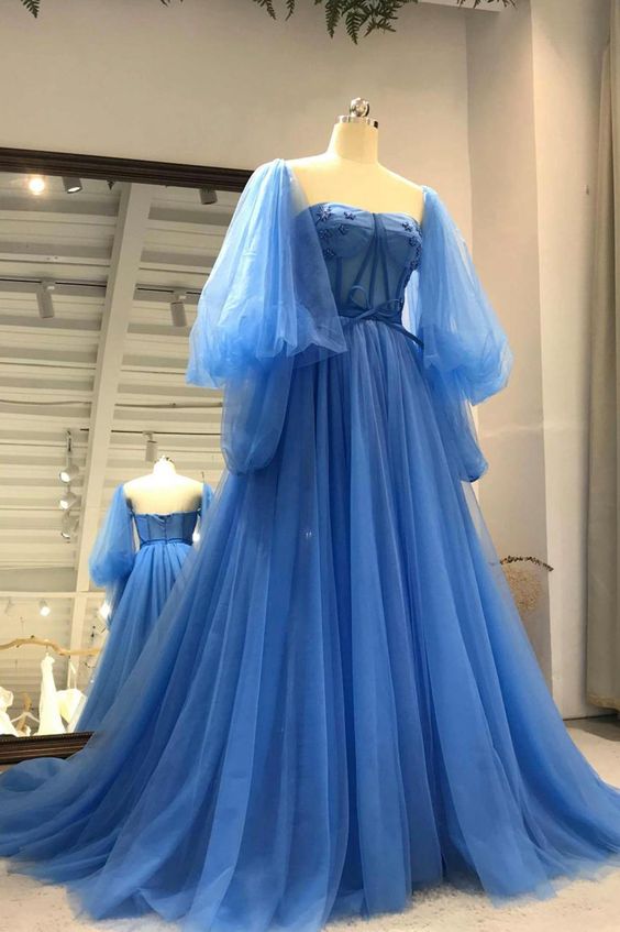Tulle Long Sleeve Prom Dress, A-Line Tulle Formal Evening Dress