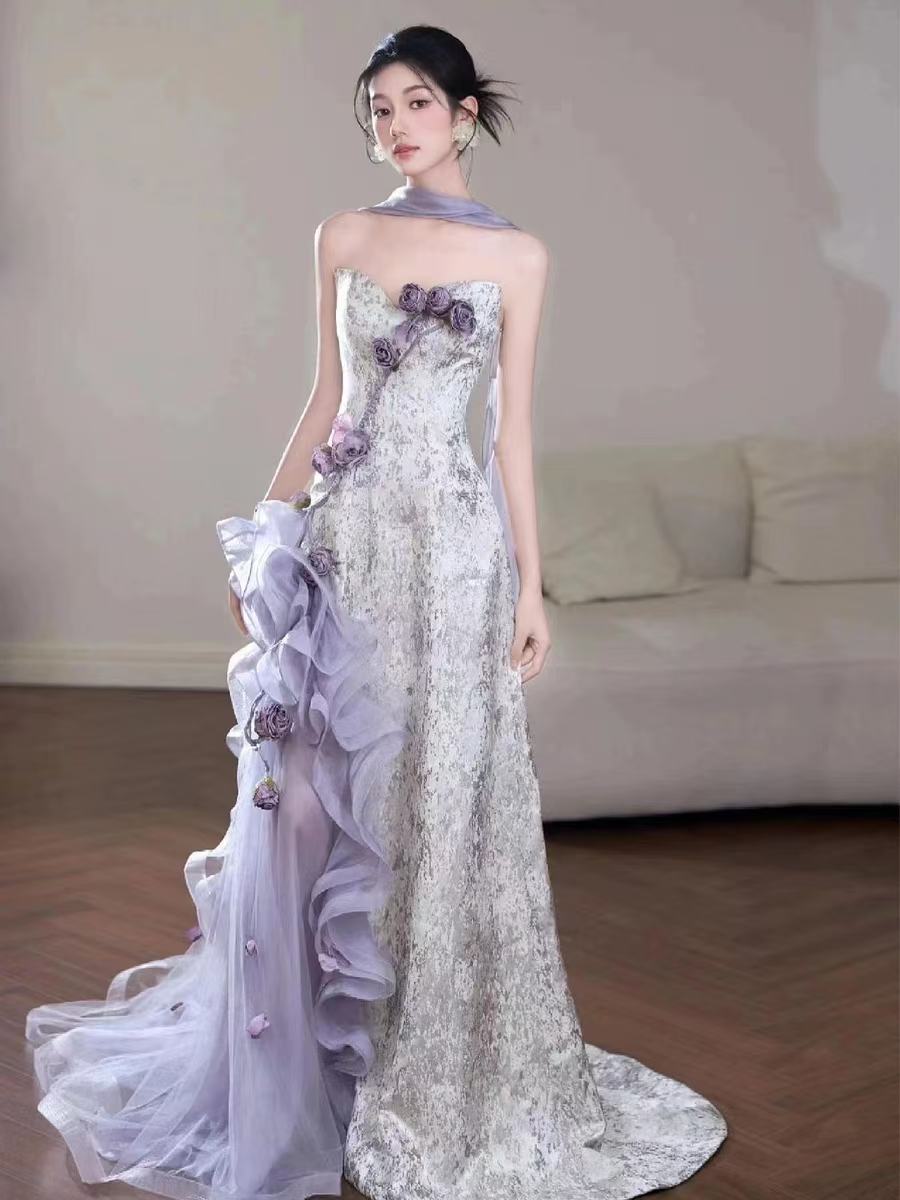Lilac Strapless Long Prom Dresses Vintage Formal Evening Dress
