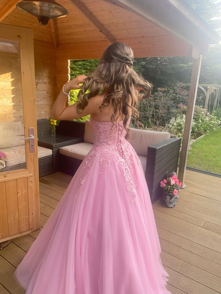 A Line Strapless Evening Gowns, Pink Long Prom Dress