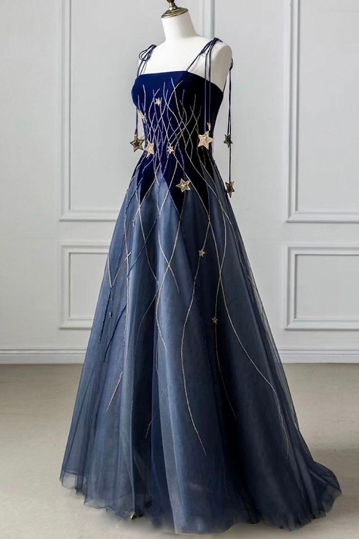 Spaghetti Strap Long Prom Dress with Star, Evening Party Dress