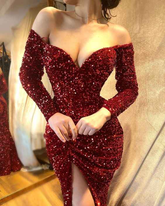 Short Prom Dresses Sequin Long Sleeve Sheath Party Dress
