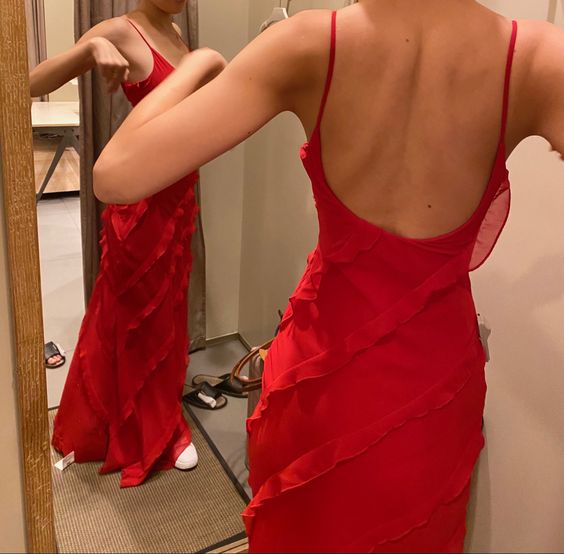 Sexy Red Chiffon Prom Dresses Long Ruffle Party Dress