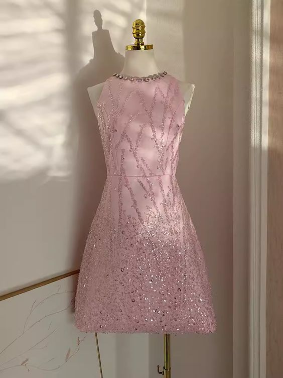 Sexy A line Scoop Pink Sequin Travel Vacation Dress Short Birthday Dress