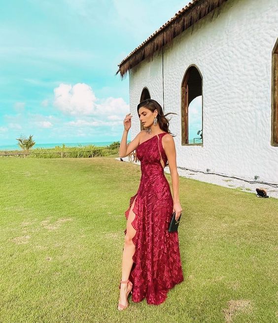 Burgundy Long Evening Dresses for Women One-Shoulder Floor-Length A-Line Elegant Prom Party Gala Special Events Dress