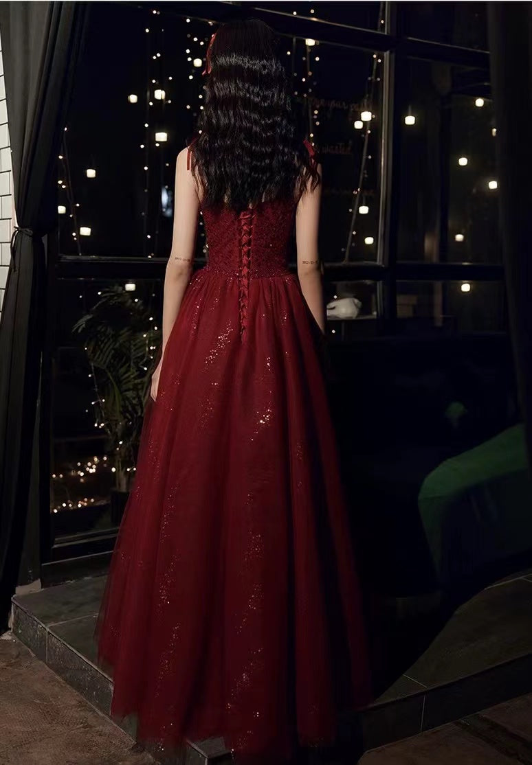 Spaghetti Strap Evening Dress ,dark red Birthday Dress, Sweet Party Dress,custom Made